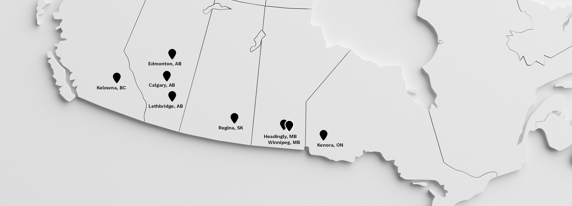 Map of western and central Canada highlighting locations in Kelowna BC, Edmonton AB, Calgary AB, Lethbridge AB, Regina SK, Winnipeg MB, Headingly MB, and Kenora ON